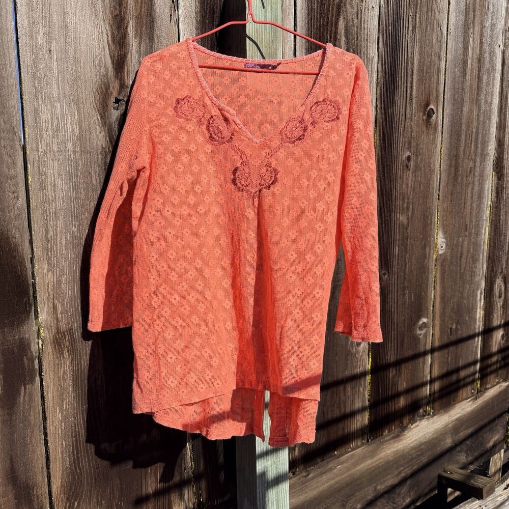 Prana Womens Embroidered Sheer Living Winnie Top Tunic Glowing Coral Size M